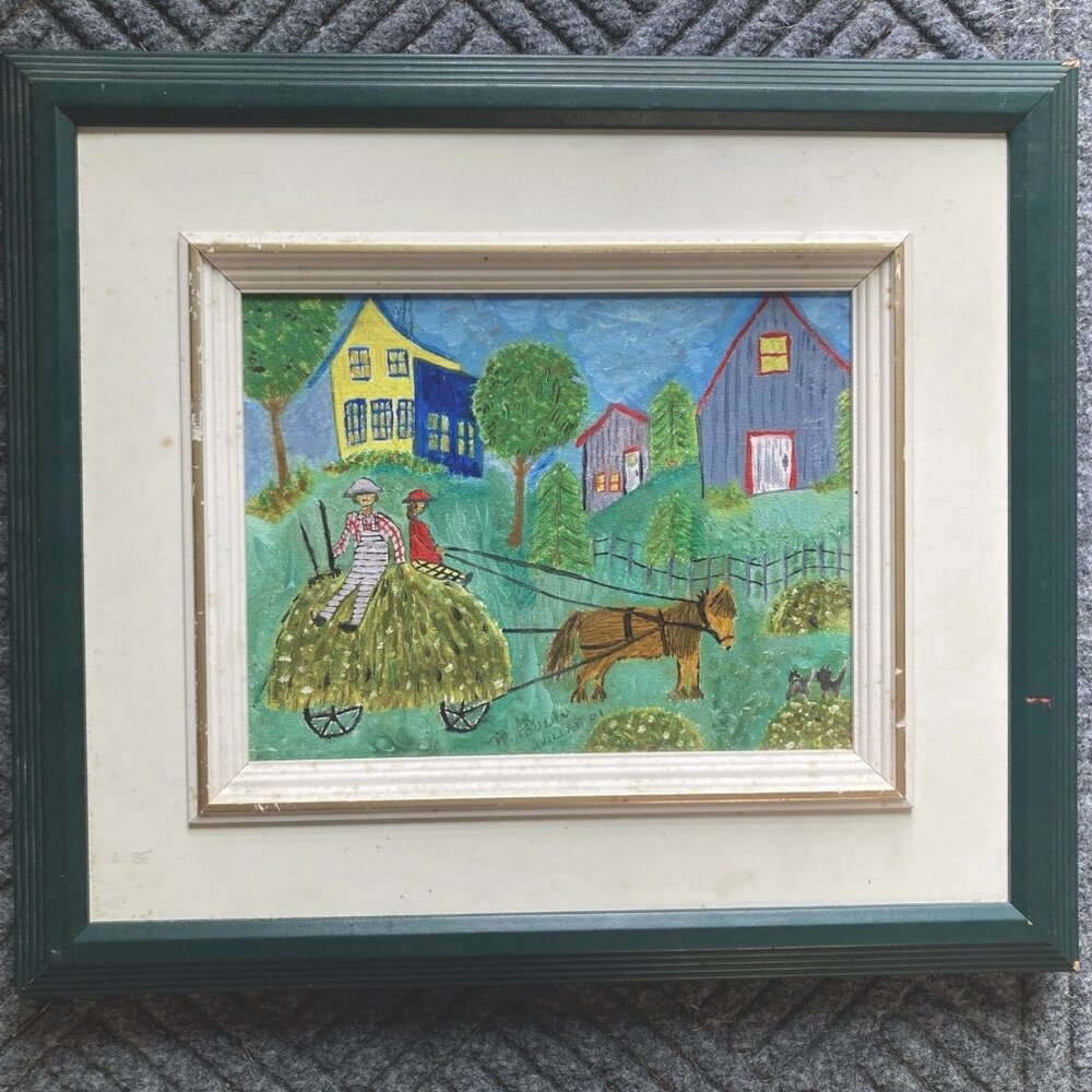 Vintage Painting On Canvas Framed French Folk Art Primitive Signed Y2K